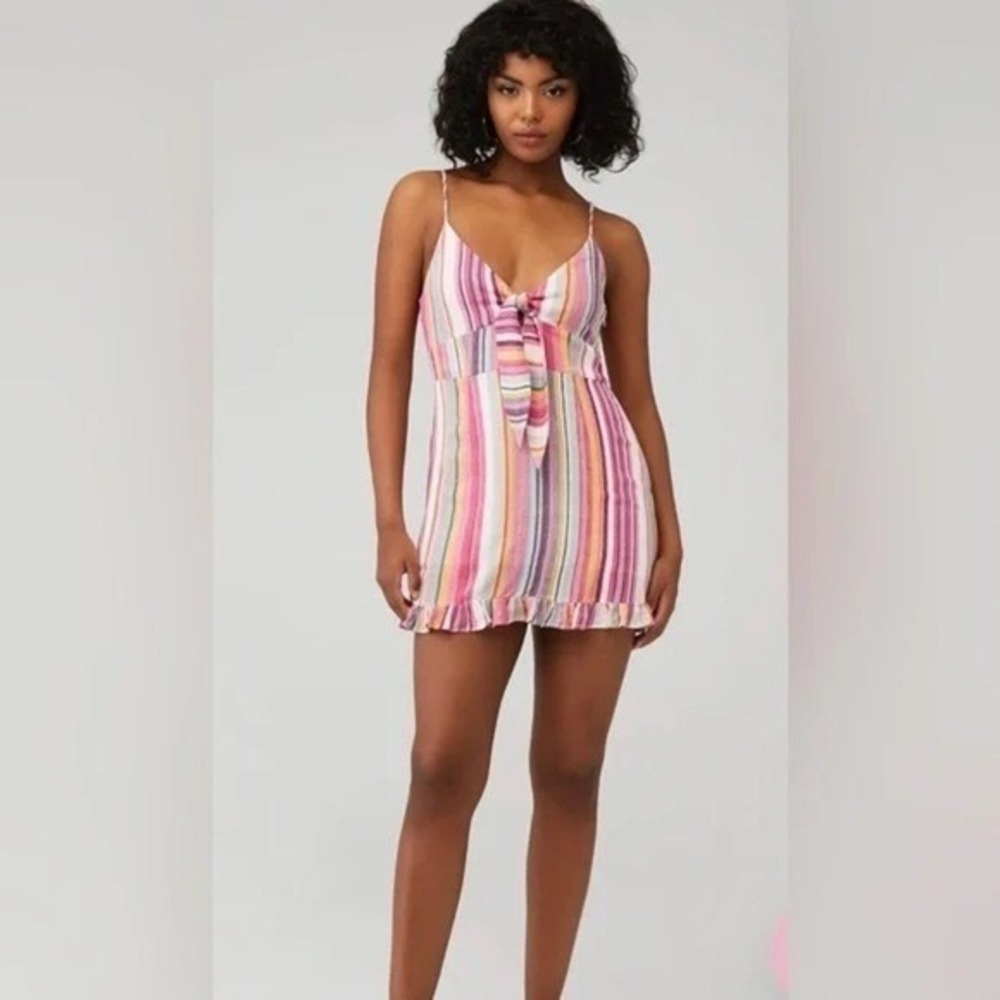MINKPINK Rainbow Stripe Tie Front Ruffle Mini Dress Pink Yellow XS